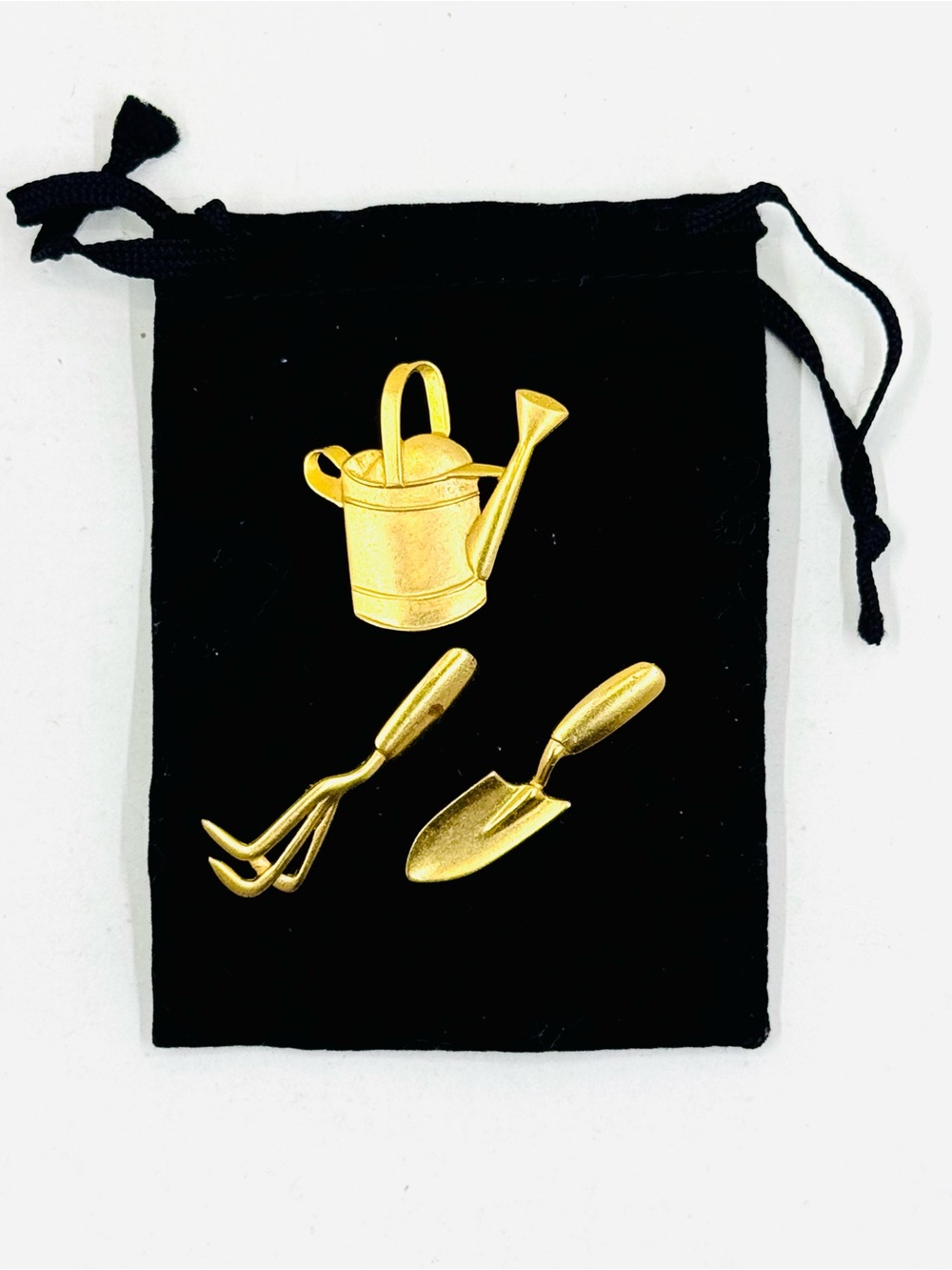 JJ Jonette Gold Tone Garden Tools Scatter Pins Brooch Set w/Black Velvet Pouch
